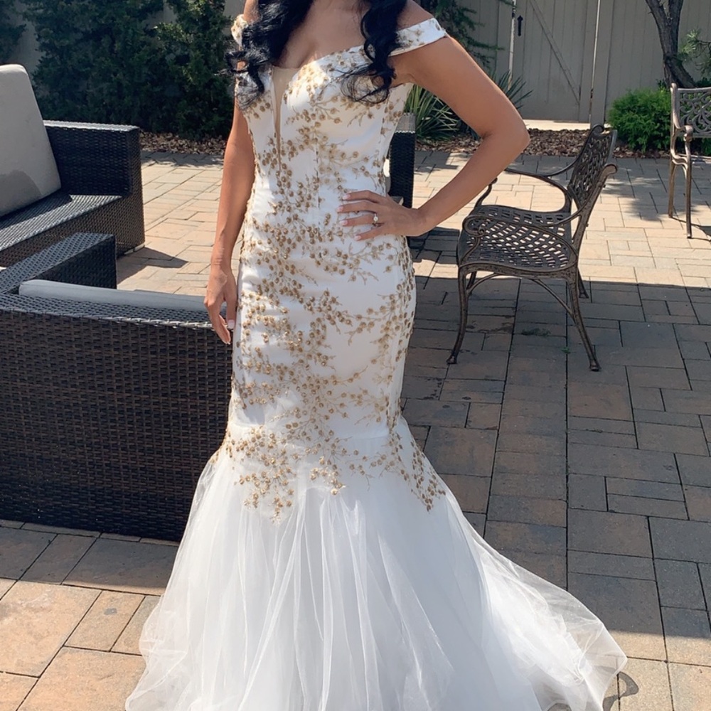 Terani Couture White Off-Shoulder Gown with Cap Sleeves